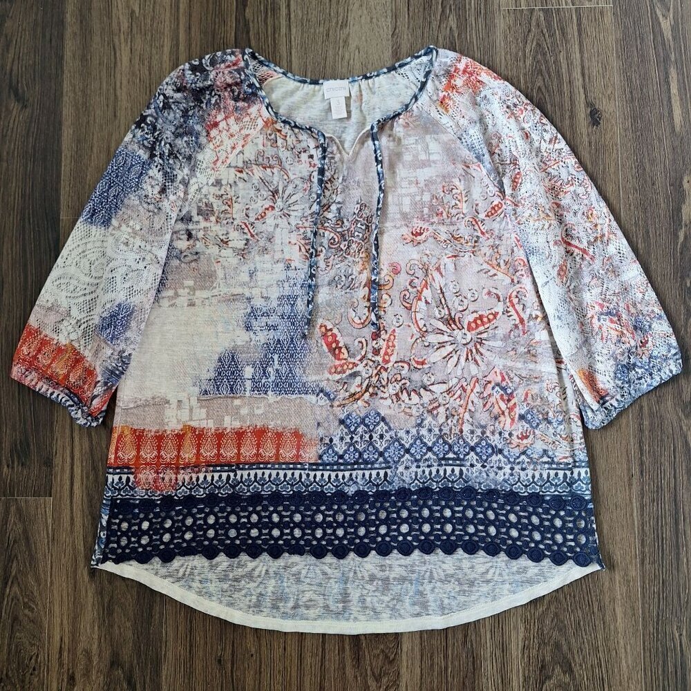 💙 Chico's Lightweight Soft Embroidered Lace 3/4 Sleeve Stretchy Size XL Boho Pe